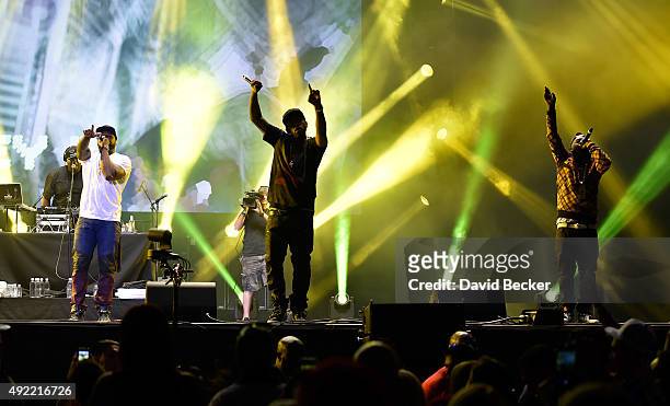 Rappers Curtis "50 Cent" Jackson, Lloyd Banks and Kidd Kidd of G-Unit perform at the 10th annual Wine Amplified festival at the Las Vegas Village on...