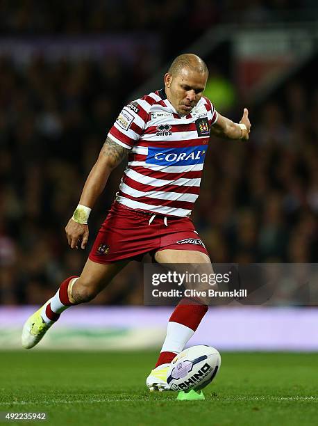 Matthew Bowen of the Wigan Warriors converts after scoring his teams third try during the First Utility Super League Grand Final between Wigan...