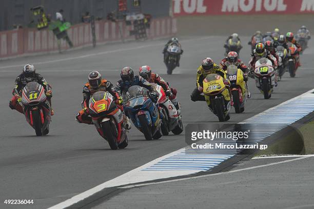 Simone Corsi of Italy and Forward Racing leads the field during the Moto2 race during the MotoGP Of Japan - Race at Twin Ring Motegi on October 11,...