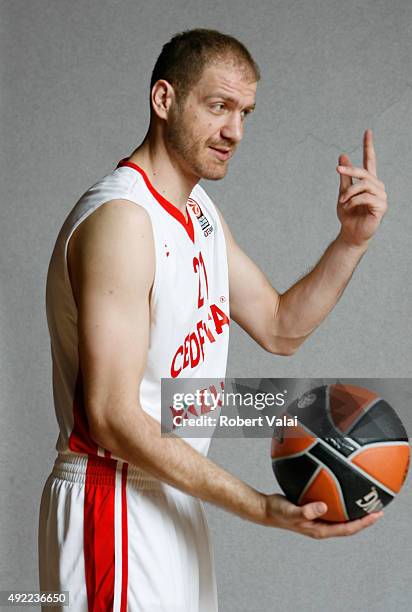 Luka Zoric, #21 of Cedevita Zagreb poses during the 2015/2016 Turkish Airlines Euroleague Basketball Media Day at Cedevita Basketball Dome on...