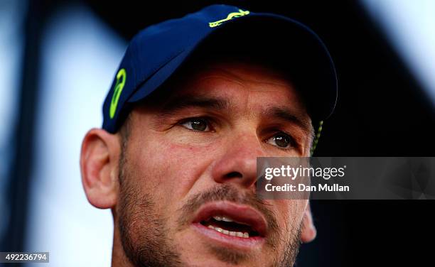 Nathan Grey, Defence Coach of Australia speaks to the media following an Australia team recovery session at the Queen Mother Sports Centre on October...