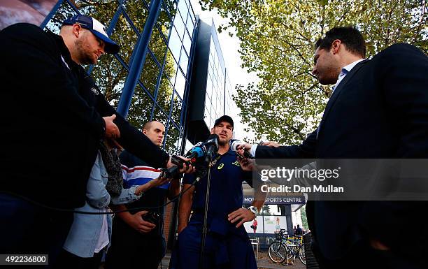 Nathan Grey, Defence Coach of Australia speaks to the media following an Australia team recovery session at the Queen Mother Sports Centre on October...