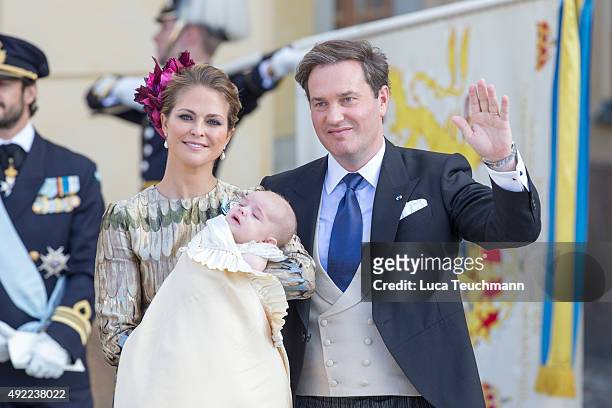 Princess Madeleine of Sweden and Christopher O'Neill carries her son Prince Nicolas are seen at Drottningholm Palace for the Christening of Prince...