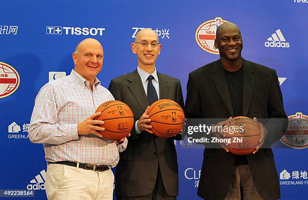 Steve Ballmer, owner of Los Angeles Clippers, NBA Commissioner Adam Silver and Michael Jordan, Owner of Charlotte Hornets speak to media during the...