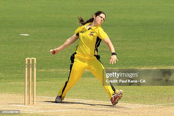 Emma Biss of Western Australia bowls during the round one WNCL match between Western Australia and South Australia at WACA on October 11, 2015 in...