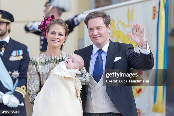 Princess Madeleine of Sweden and Christopher O'Neill carries her son Prince Nicolas are seen at Drottningholm Palace for the Christening of Prince...