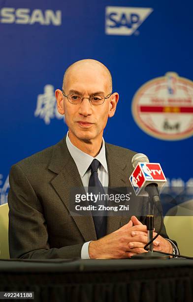 Commissioner Adam Silver speaks to media during the press conference before the match between Charlotte Hornets and Los Angeles Clippers as part of...