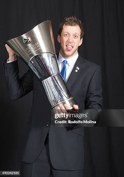 Joe Ingles, #8 of Maccabi Electra Tel Aviv poses during the Turkish Airlines Euroleague Final Four Champions Photo Sesion with Trophy at Mediolanum...