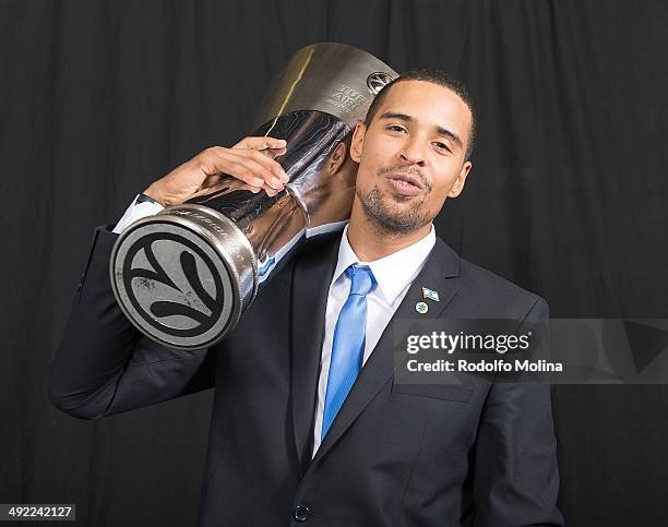 Sylven Landesberg, #15 of Maccabi Electra Tel Aviv poses during the Turkish Airlines Euroleague Final Four Champions Photo Sesion with Trophy at...