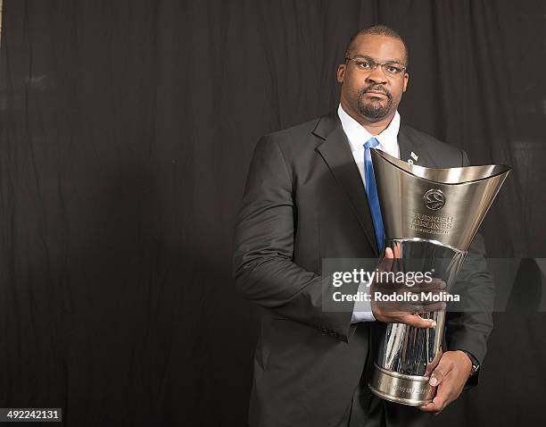 Sofoklis Schortsanitis, #21 of Maccabi Electra Tel Aviv poses during the Turkish Airlines Euroleague Final Four Champions Photo Sesion with Trophy at...