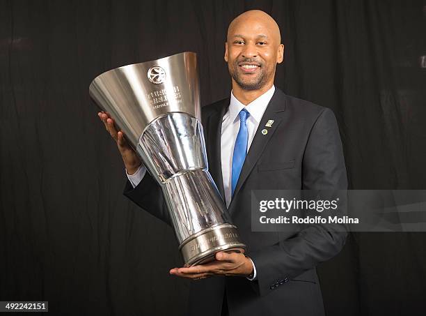 Devin Smith, #6 of Maccabi Electra Tel Aviv poses during the Turkish Airlines Euroleague Final Four Champions Photo Sesion with Trophy at Mediolanum...