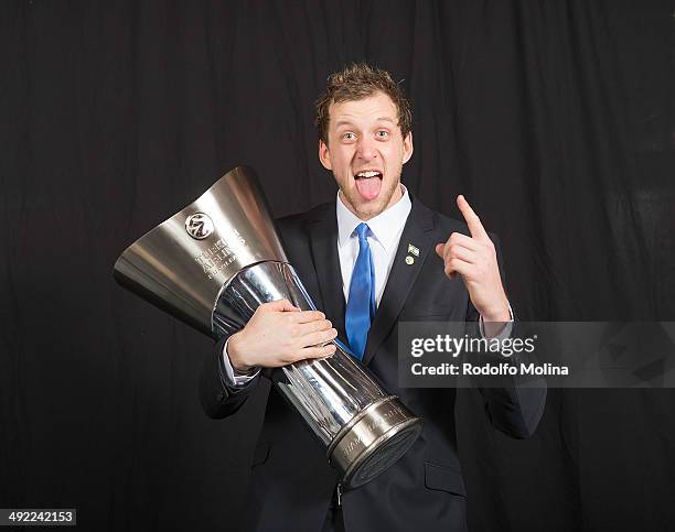 Joe Ingles, #8 of Maccabi Electra Tel Aviv poses during the Turkish Airlines Euroleague Final Four Champions Photo Sesion with Trophy at Mediolanum...