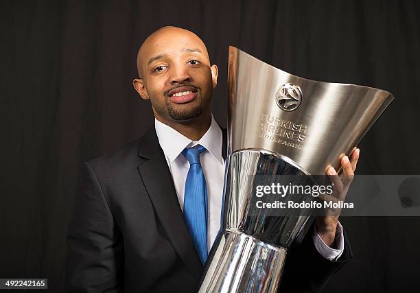 Ricky Hickman, #7 of Maccabi Electra Tel Aviv poses during the Turkish Airlines Euroleague Final Four Champions Photo Sesion with Trophy at...