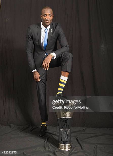 Shawn James, #5 of Maccabi Electra Tel Aviv poses during the Turkish Airlines Euroleague Final Four Champions Photo Sesion with Trophy at Mediolanum...