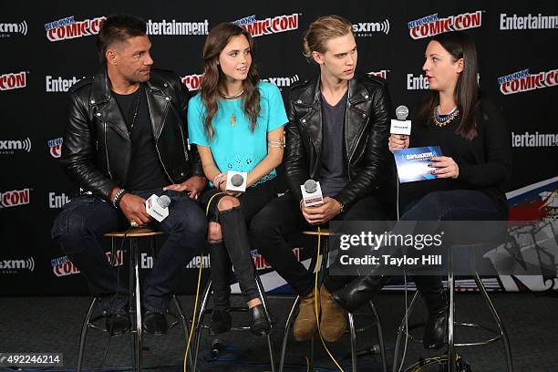 Robyn Ross interviews Manu Bennett, Poppy Drayton, and Austin Butler at the SiriusXM Studios during New York Comic-Con at The Jacob K. Javits...