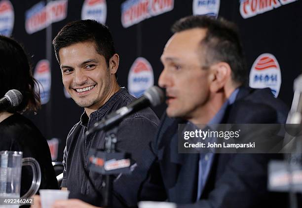 Nicholas Gonzalez and Hank Azaria speak during Boardertown panel at New York Comic-Con 2015 -day 3 at The Jacob K. Javits Convention Center on...