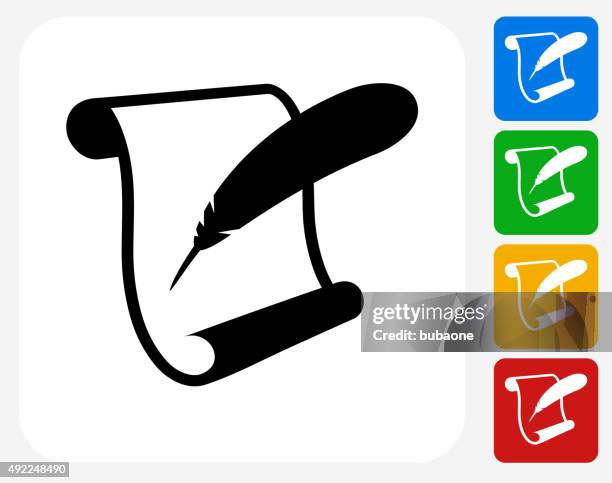 paper scroll and feather quill icon flat graphic design - quill pen stock illustrations