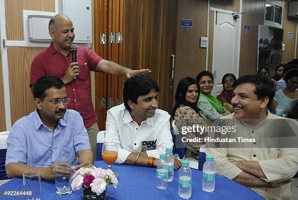 Delhi Chief Minister Arvind Kejriwal, Deputy Chief Minister of Delhi Manish Sisodia, AAP party members Kumar Vishwas, Sanjay Singh, Ashutosh with...