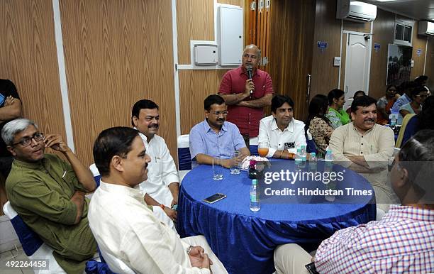 Delhi Chief Minister Arvind Kejriwal, Deputy Chief Minister of Delhi Manish Sisodia, AAP party members Kumar Vishwas, Sanjay Singh, Ashutosh with...