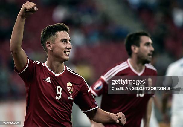 Hungary's Krisztian Nemeth celebrates after scoring a goal during the UEFA Euro 2016 qualifying Group F football match between Greece and Hungary on...