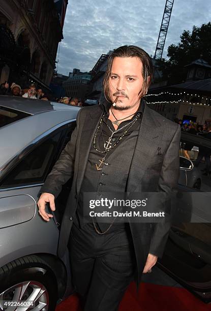 Johnny Depp attends the Virgin Atlantic gala screening of "Black Mass" during the BFI London Film Festival at Odeon Leicester Square on October 11,...