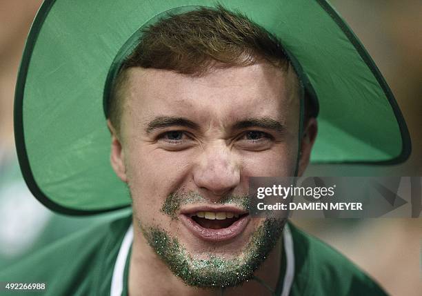 An Ireland fan poses in the crowd during the Pool D match of the 2015 Rugby World Cup between France and Ireland at the Millennium Stadium in...