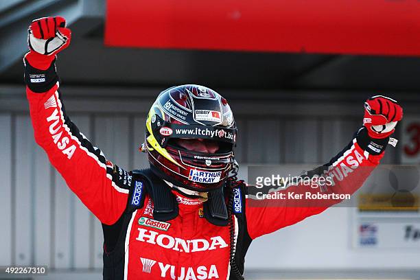 Gordon Shedden of Honda Racing celebrates winning the championship after the Final Round of the Dunlop MSA British Touring Car Championship at Brands...