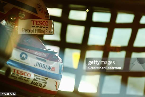 Jason Plato of Team BMR prepares to drive in Race Three of the Final Round of the Dunlop MSA British Touring Car Championship at Brands Hatch on...