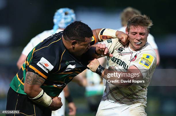 Salesi Ma'afu of Northampton exchanges blows with Leicester hooker Tom Youngs which resulted in Ma'afu being sent off by referee JP Doyle during the...