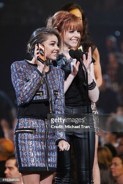 Sarah Hyland and Lindsey Stirling apeak onstage during the 2014 Billboard Music Awards held at MGM Grand Garden Arena on May 18, 2014 in Las Vegas,...