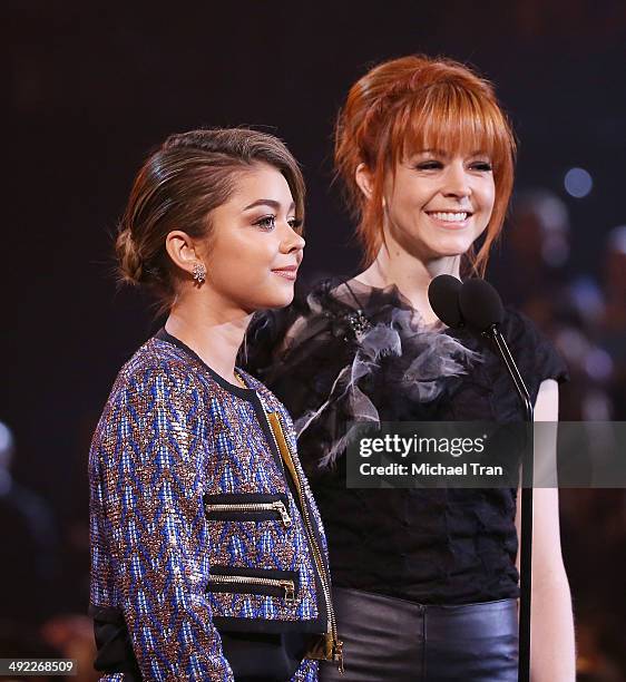 Sarah Hyland and Lindsey Stirling apeak onstage during the 2014 Billboard Music Awards held at MGM Grand Garden Arena on May 18, 2014 in Las Vegas,...