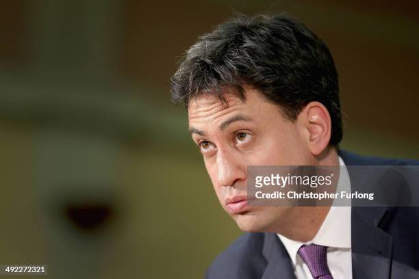 Labour Party Leader Ed Miliband speaks to supporters at Bloxwich Leisure Centre on May 19, 2014 in Walsall, England. During his speech Mr Miliband...