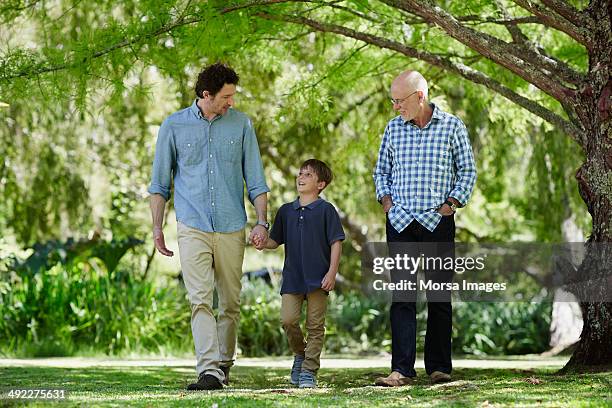 three generation males walking in park - 3 old people stockfoto's en -beelden