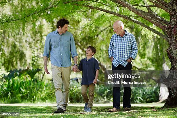 three generation males walking in park - grandpa son stock pictures, royalty-free photos & images