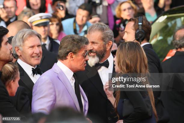 Harrison Ford, Sylvester Stallone and Mel Gibson attend "The Expendables 3" Premiere at the 67th Annual Cannes Film Festival on May 18, 2014 in...