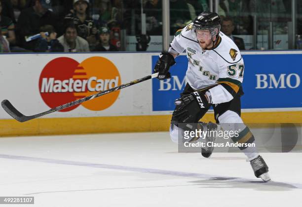 Brady Austin of the London Knights skates against the Edmonton Oil Kings in Game Three of the 2014 MasterCard Memorial Cup at Budweiser Gardens on...