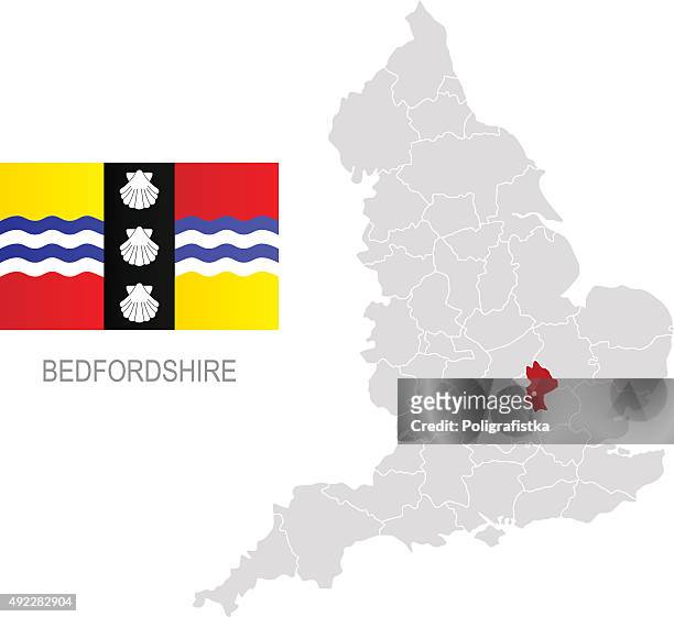 ilustraciones, imágenes clip art, dibujos animados e iconos de stock de bandera de bedfordshire y ubicación en mapa de inglaterra - bedfordshire
