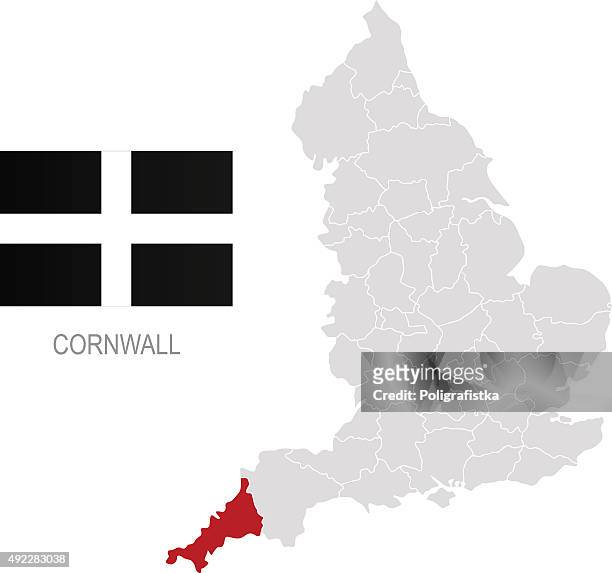 flag of cornwall and location on england map - cornish flag 幅插畫檔、美工圖案、卡通及圖標
