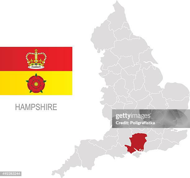 stockillustraties, clipart, cartoons en iconen met flag of hampshire and location on england map - hampshire