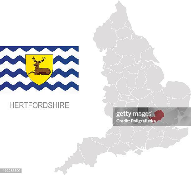 flag of hertfordshire and location on england map - hertfordshire stock illustrations