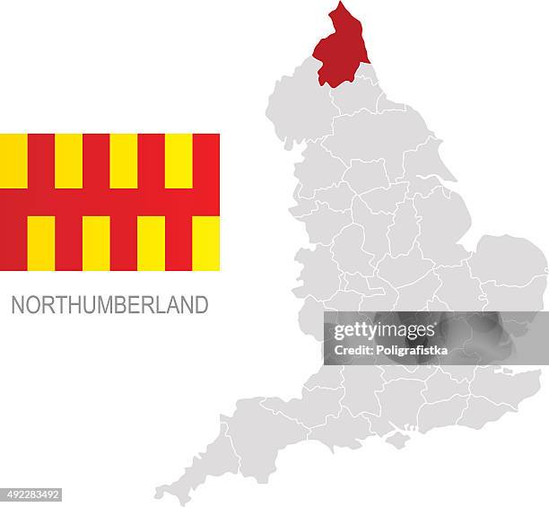 stockillustraties, clipart, cartoons en iconen met flag of northumberland and location on england map - northumberland