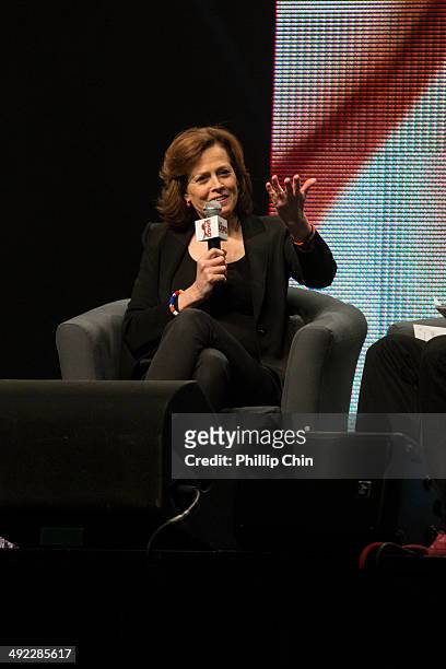 Actress Sigourney Weaver discusses her career in the "Spotlight on Sigourney Weaver" panel discussion at the Stampede Corral during the Calgary Comic...