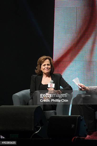 Actress Sigourney Weaver discusses her career in the "Spotlight on Sigourney Weaver" panel discussion at the Stampede Corral during the Calgary Comic...