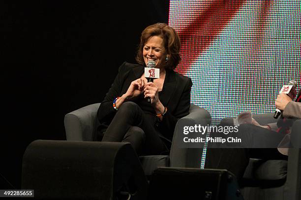 Actress Sigourney Weaver discusses her career in the "Spotlight on Sigourney Weaver" panel discussion at the Stampede Corral during the Calgary Comic...