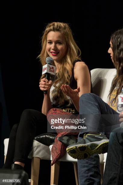 Actress Kristen Hager talks about her experiences on her show "Being Human" in the "Spotlight on Being Human" panel discussion at the Expo Pavilion...