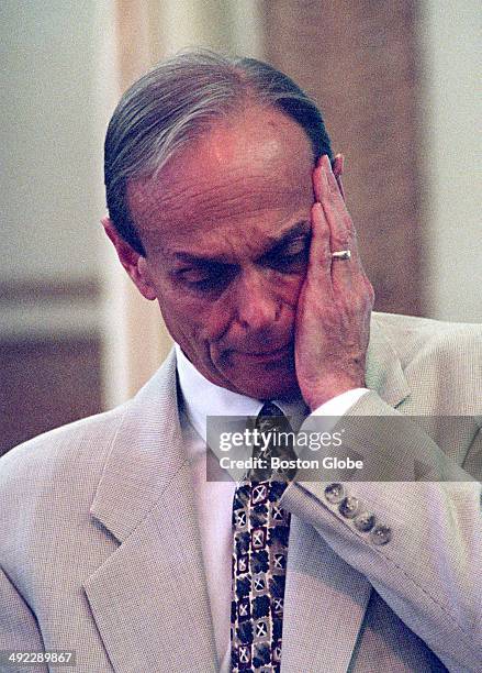 Dr. Dirk Greineder testifies while on trial for the murder of his wife, at Norfolk Superior Court in Dedham, Mass. On June 19, 2001. Greineder, an...