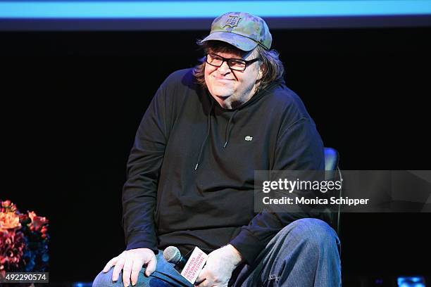 Director Michael Moore speaks during A Conversation With Michael Moore on Day 4 of the 23rd Annual Hamptons International Film Festival on October...