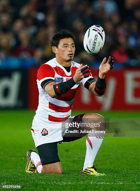 Ayumu Goromaru of Japan prepares to kick during the 2015 Rugby World Cup Pool B match between USA and Japan at Kingsholm Stadium on October 11, 2015...