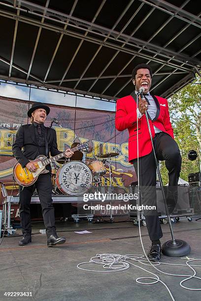 Musicians Nalle Colt, Ty Taylor, Richard Danielson, and Rick Barrio Dill of Vintage Trouble perform on stage at Doheny State Beach on May 18, 2014 in...