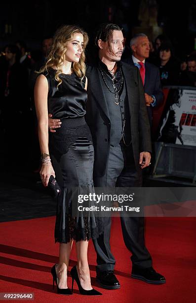 Amber Heard and Johnny Depp attend a screening of "Black Mass" during the BFI London Film Festival at Odeon Leicester Square on October 11, 2015 in...